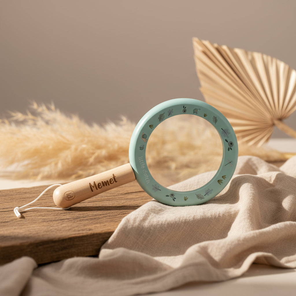 Personalisierte Holz-Lupe Forest Friends – blaue Kinderlupe mit Namensgravur, Zusatzlinse und Kordel
