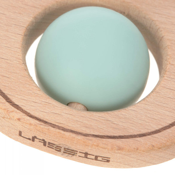 LÄSSIG Greifling Hund Natur/Mint mit Beißhilfe – weitere Detailansicht des Babyspielzeugs aus Holz und Silikon-Nylon