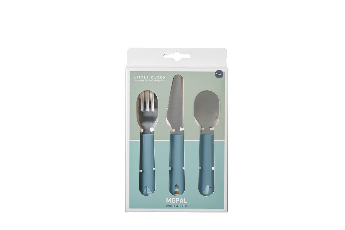 Little Dutch x Mepal Kinder-Besteckset Mio Sailors Bay in Blau – Gabel, Messer und Löffel mit maritimem Design für Kinder