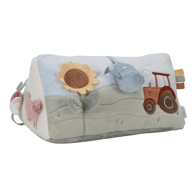 Little Dutch Motorik-Kissen Little Farm – Aktivitäten-Dreieck mit Knisterflügeln, Spiegel und Rassel für Babys ab Geburt