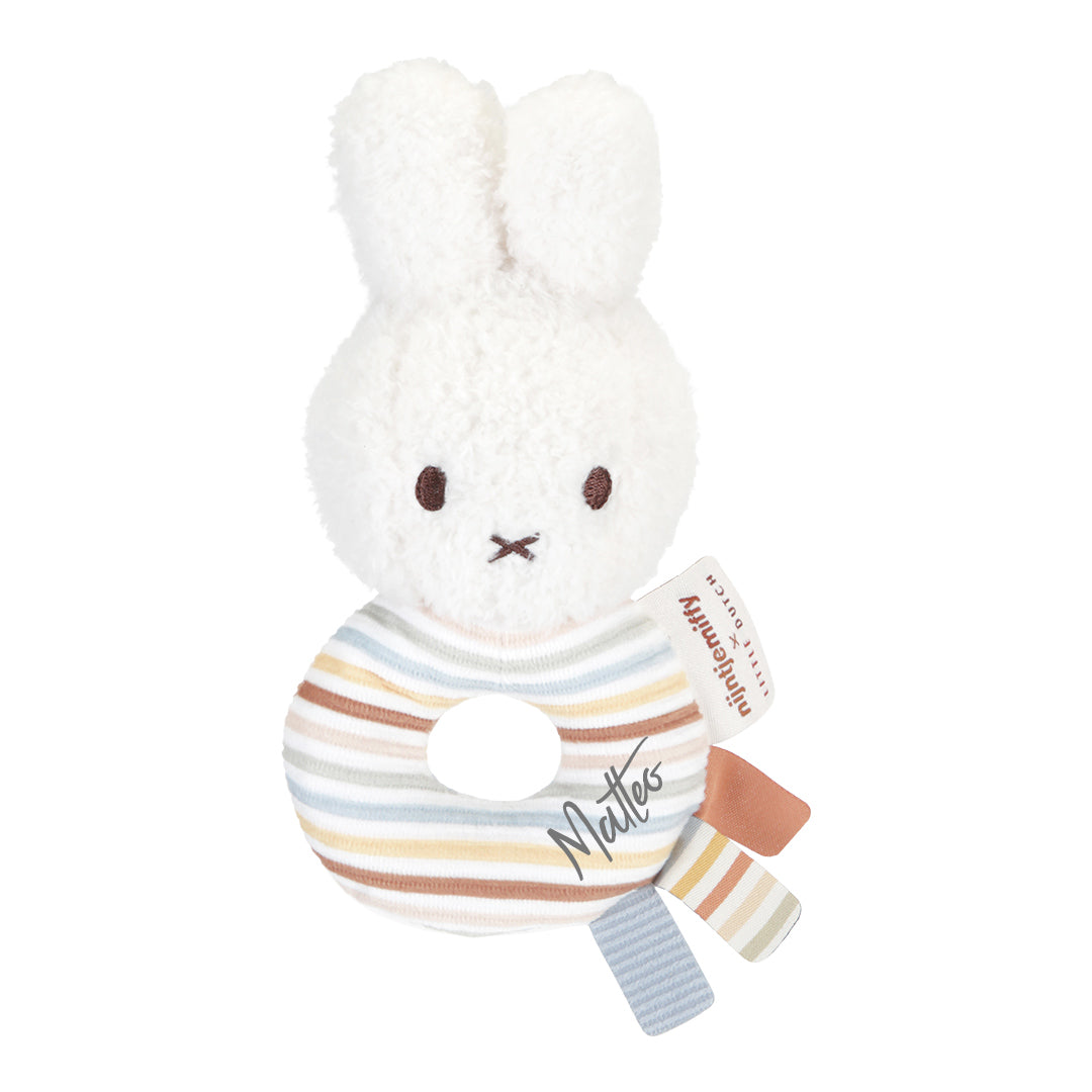 Personalisierter Miffy Rassel-Greifling Vintage Sunny Stripes mit Plott – weiches Babyspielzeug mit Rasselring als Geschenk zur Geburt