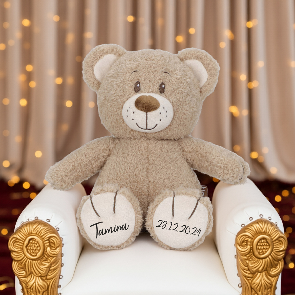 Personalisierbarer brauner Kuschelbär mit Name als Babygeschenk