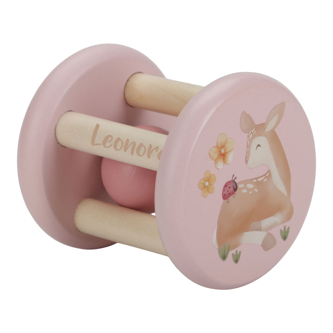 Personalisierbare Little Dutch Holzrassel Fairy Garden in Pink mit Lasergravur – Rollrassel mit Reh- und Marienkäfermotiv ab 3 Monaten