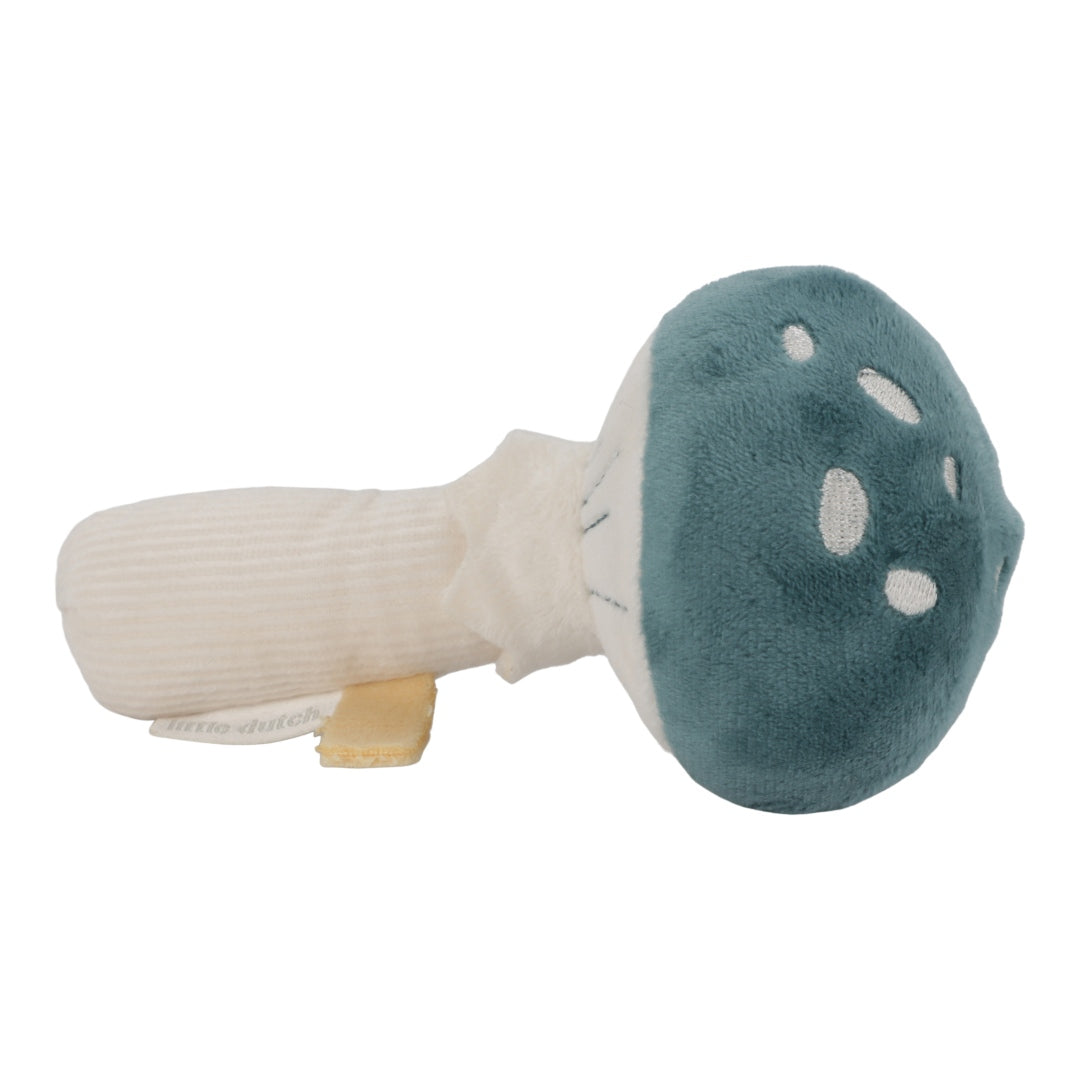 Little Dutch Rassel Pilz Forest Friends – weitere Detailansicht des weichen sensorischen Baby-Spielzeugs