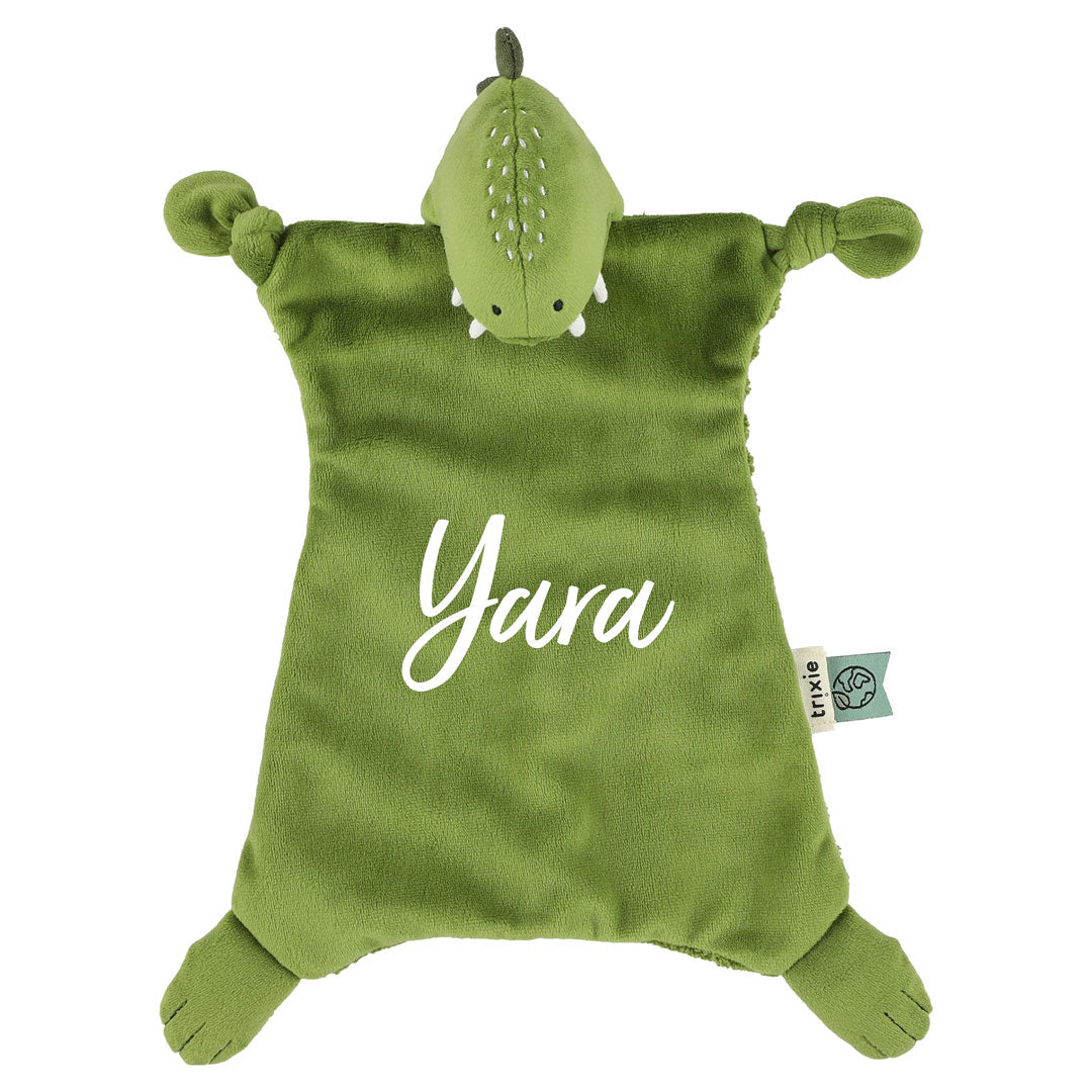 Personalisiertes Trixie Schnuffeltuch Herr Dino mit Name – weiches Baby-Kuscheltuch mit Schnullerknoten als individuelles Geschenk