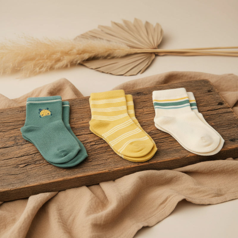 Socken 3er-Set Forest Friends Größe 17–19 – Grün, Gelb-Weiß und Weiß