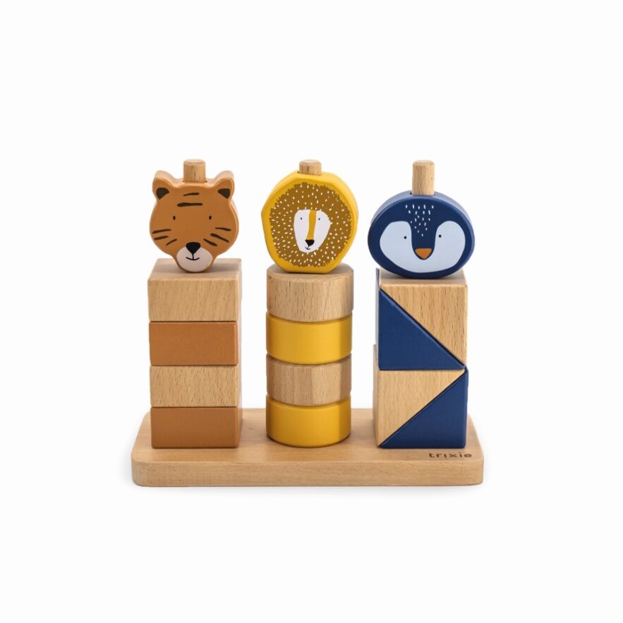 Trixie Stapel-Spiel mit Tieren aus Holz – buntes Motorikspielzeug mit geometrischen Klötzen und Tiergesichtern ab 1 Jahr