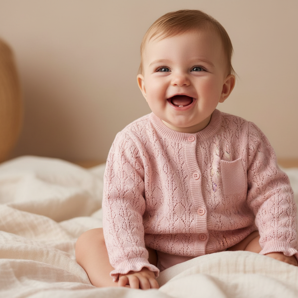 Little Dutch Strickjacke Lotus in Pink Größe 104 – weiche Bio-Baumwolljacke mit Holzoptik-Knöpfen und Fairy-Garden-Details