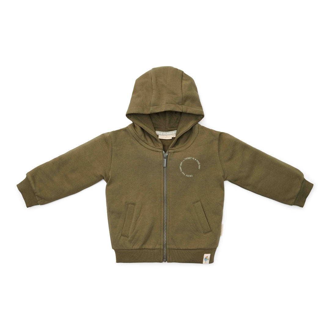 Dunkelgrüne Little Dutch Sweat-Weste aus Bio-Baumwolle mit Kapuze – Little Farm