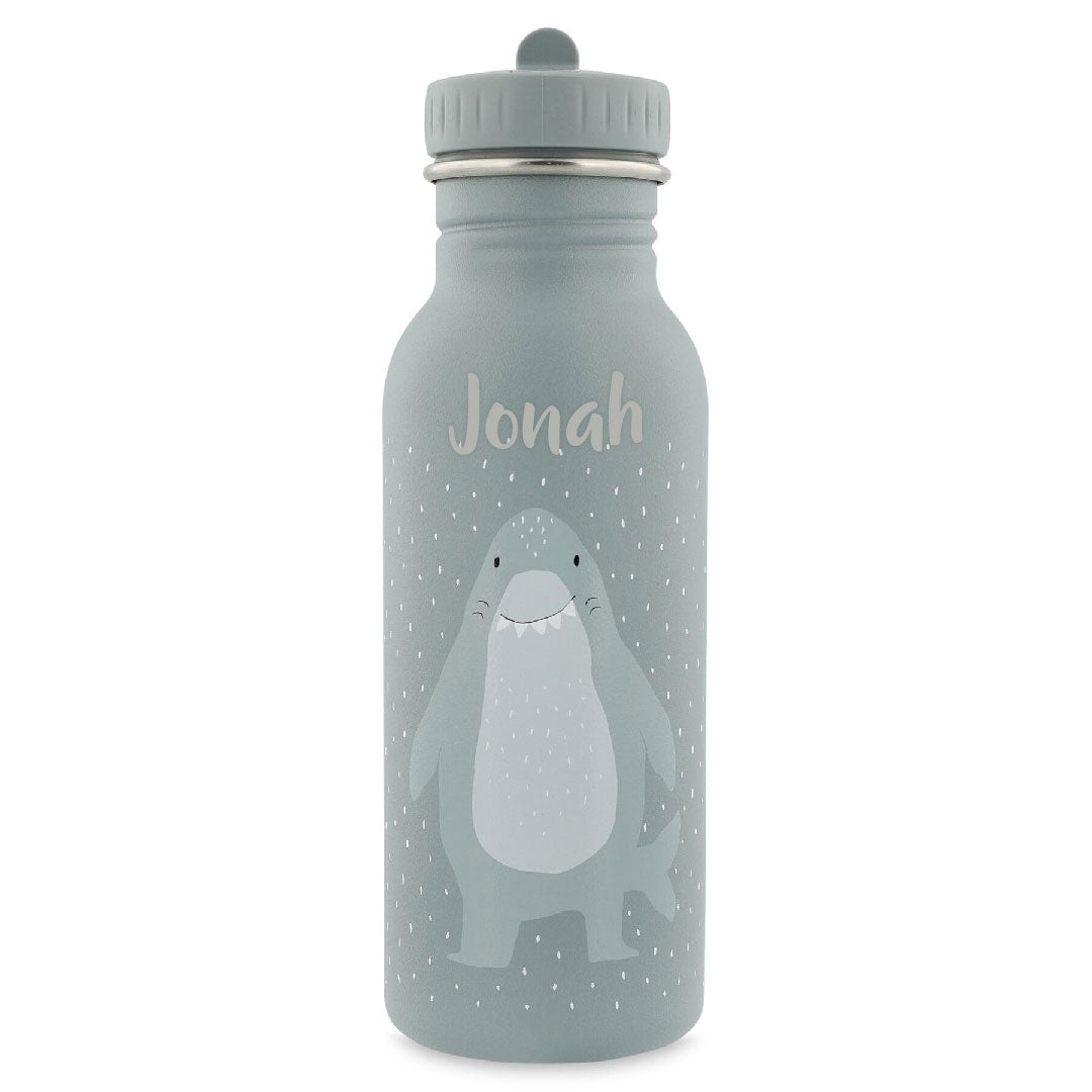 Personalisierte Trixie Trinkflasche Herr Hai 500 ml in Blau mit Name – Edelstahl-Kinderflasche mit Haimotiv und Tragekordel