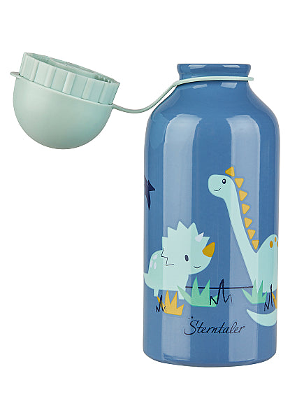 Mittelblaue Sterntaler Kinder-Trinkflasche Dino Rexi – Detailansicht der Aluminiumflasche mit Dinosauriermotiv