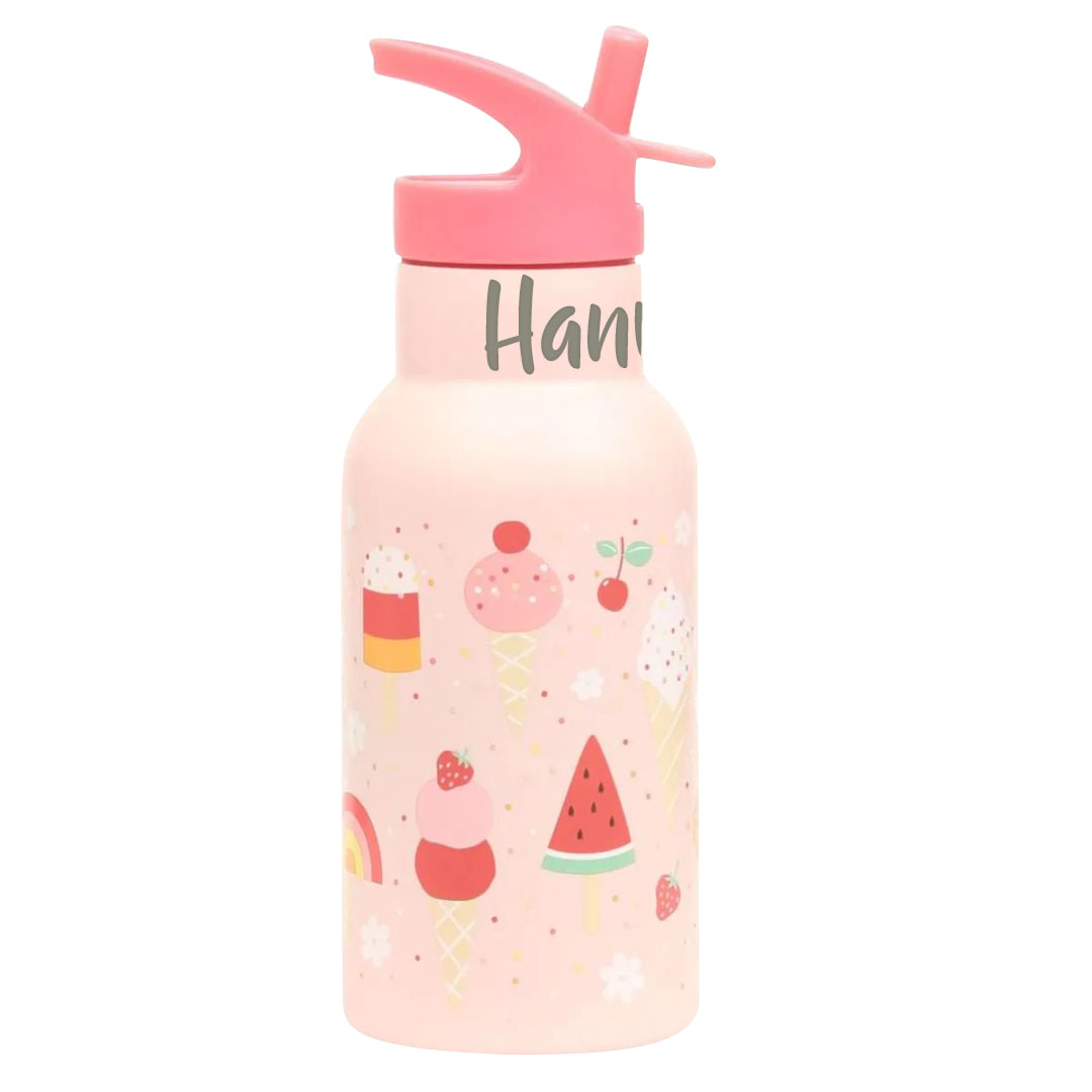 Personalisierbare A Little Lovely Company Trinkflasche Eiscreme aus Edelstahl mit Lasergravur – rosa Kinderflasche mit 352 ml Volumen