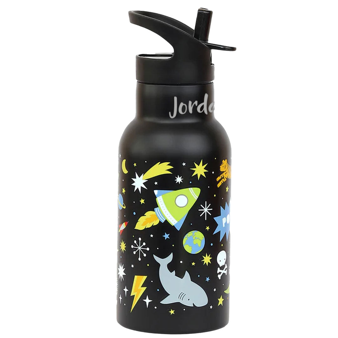 Personalisierbare A Little Lovely Company Edelstahl-Trinkflasche Galaxy mit Lasergravur – Isolierflasche mit Raketen-, Planeten- und Sternenmotiv