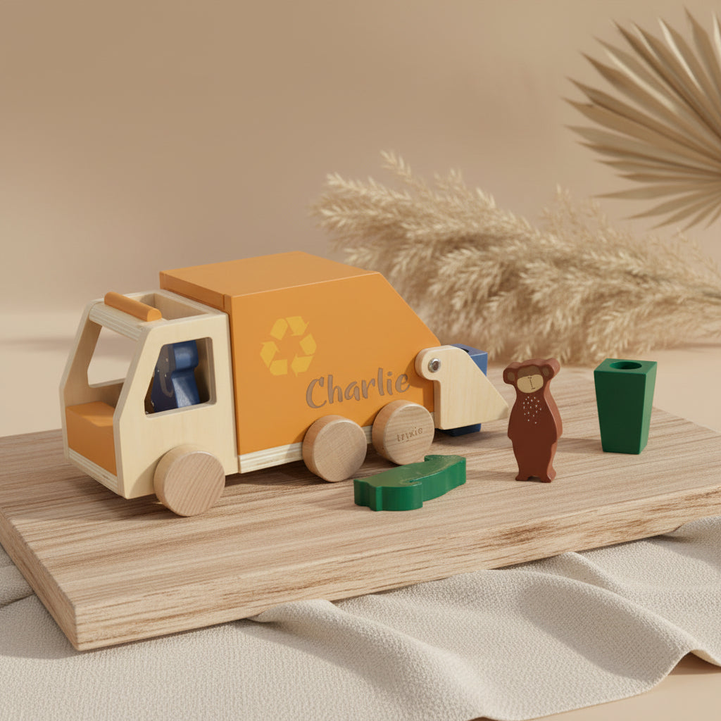 Trixie Holz Müllwagen mit Tierfiguren und Mülltonnen