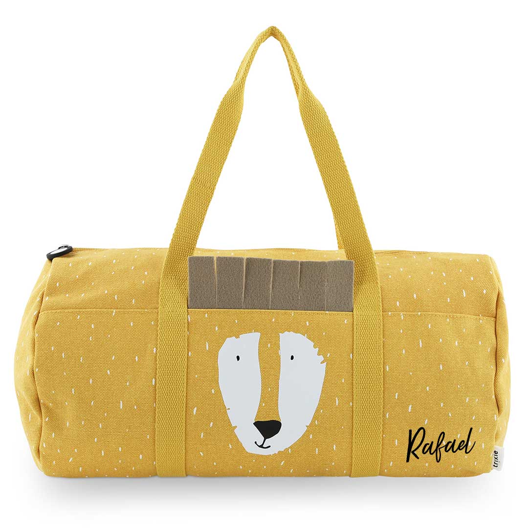 Trixie Kindertasche Herr Löwe rund personalisiert mit Namen – gelbe Sporttasche mit Löwenmotiv, Reißverschluss und Außenfach