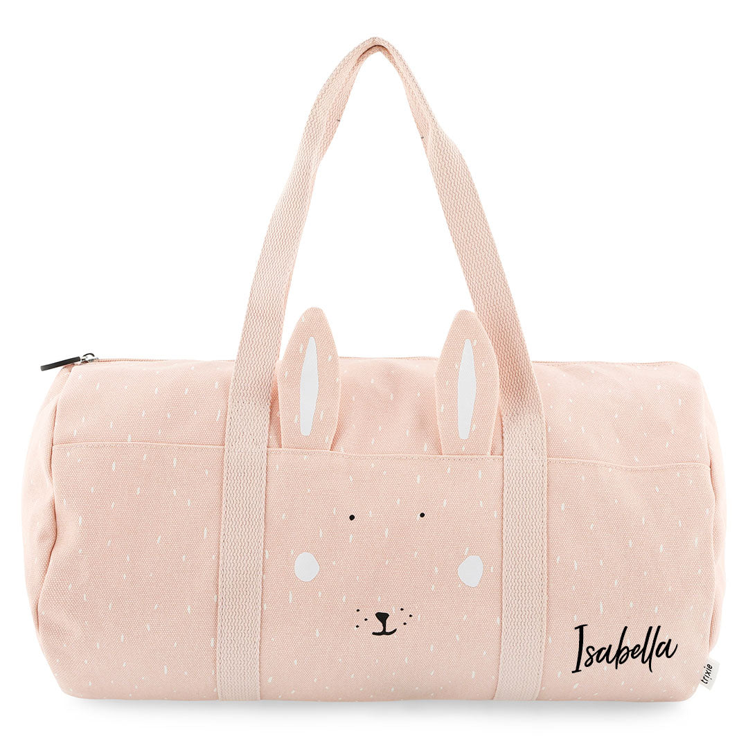 Trixie Kindertasche Frau Hase rund personalisiert mit Namen – rosa Sporttasche mit Hasenmotiv, Reißverschluss und Außenfach
