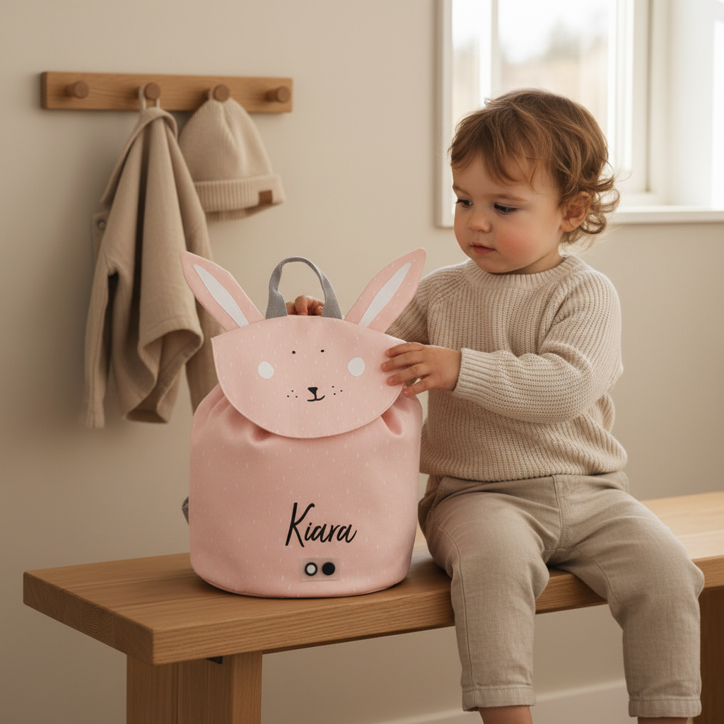Trixie Mini-Rucksack Frau Hase in Rosa – Kinder-Rucksack aus Baumwolle mit Hasenohren, Magnetverschluss und Zugband