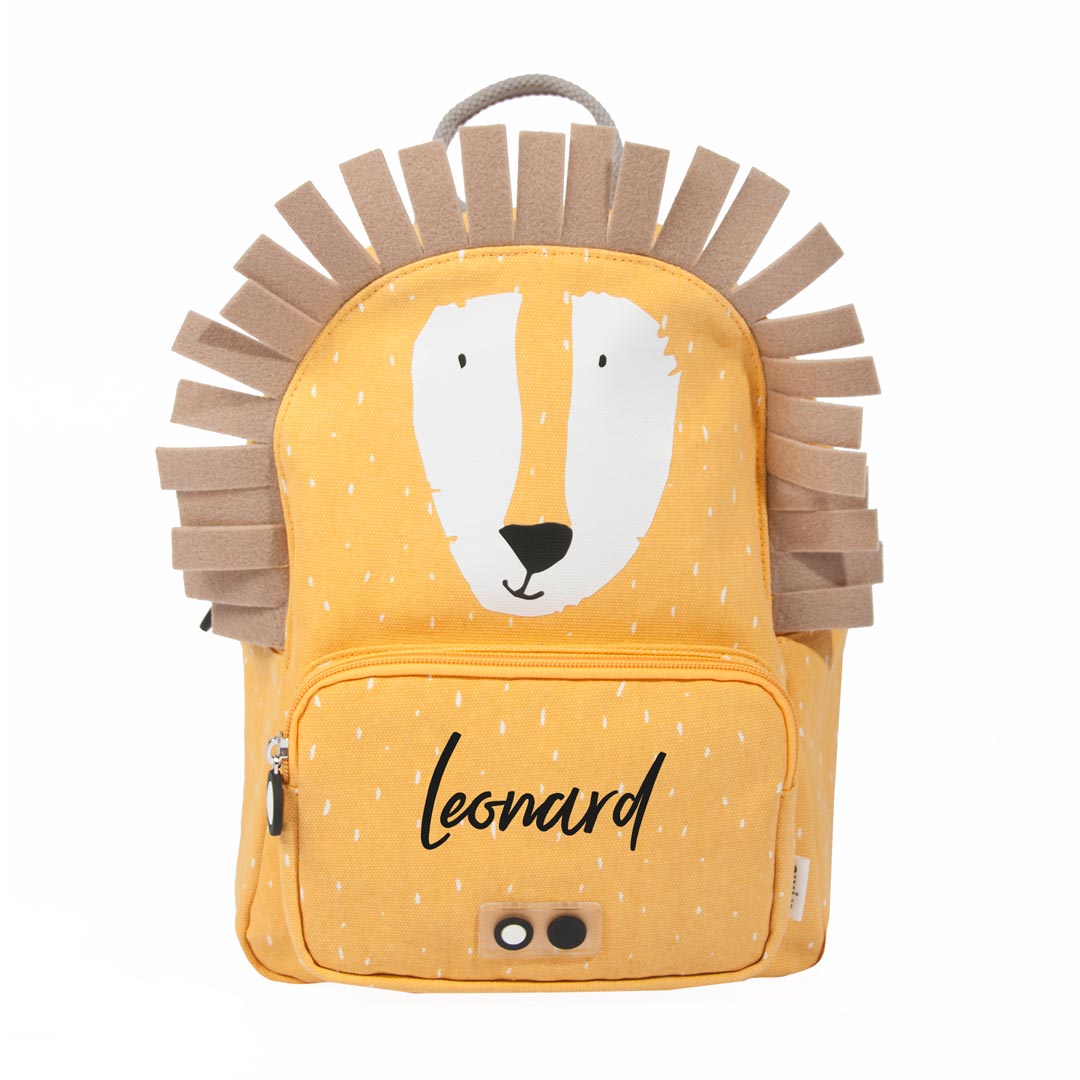 Personalisierter Trixie Kinder-Rucksack Herr Löwe in Gelb mit Name – Rucksack mit Löwenmotiv, Brustgurt und verstellbaren Schultergurten