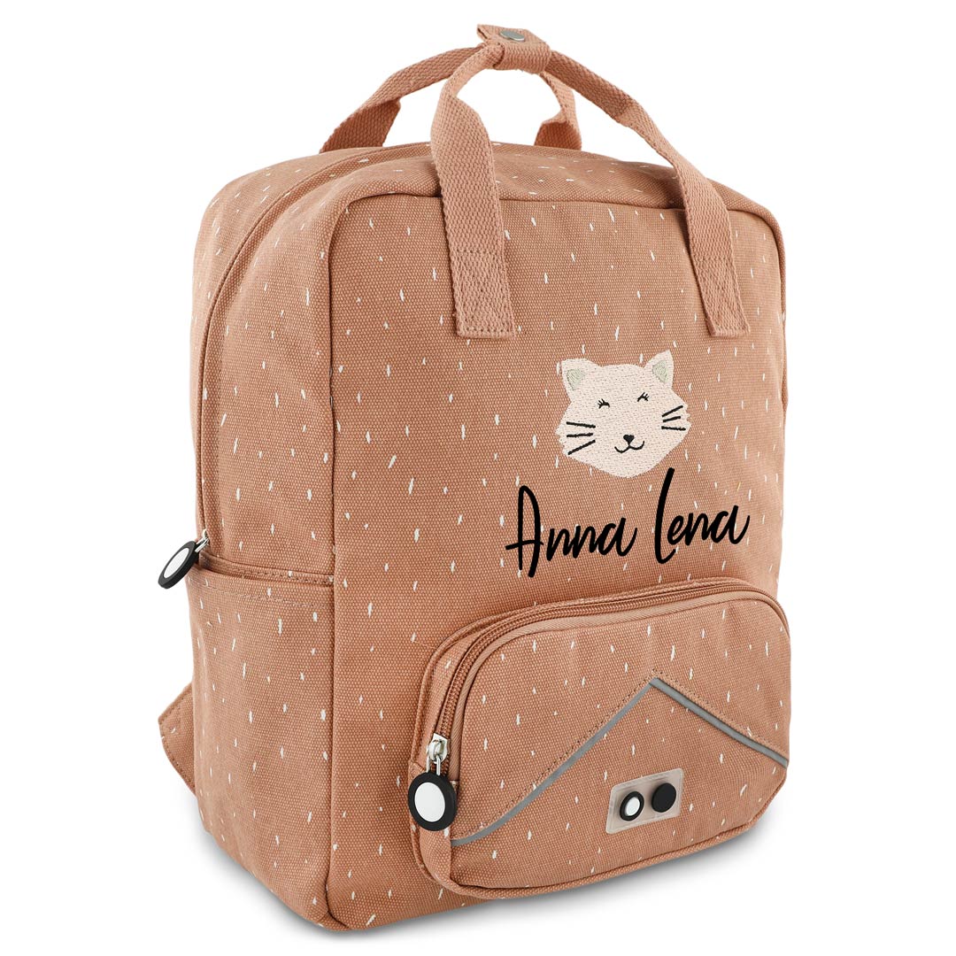 Trixie Rucksack groß Frau Katze personalisiert mit Namen – rosa Kinder-Rucksack mit A4-Fach, Brustgurt und reflektierenden Details