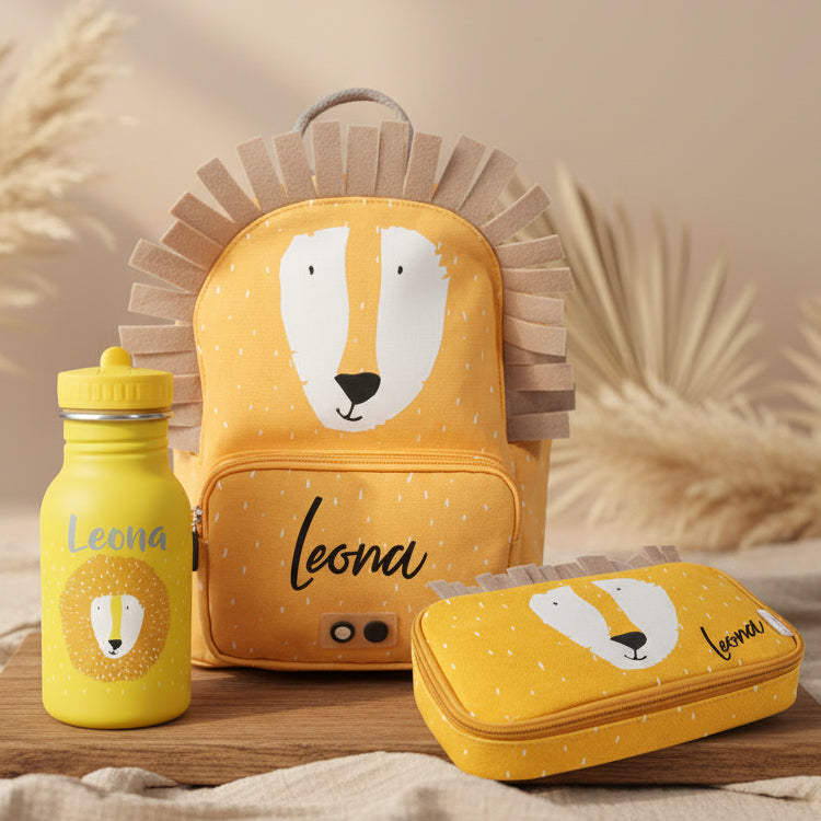 Personalisiertes Trixie Schulstart-Set Herr Löwe mit Rucksack, Trinkflasche und Federmäppchen