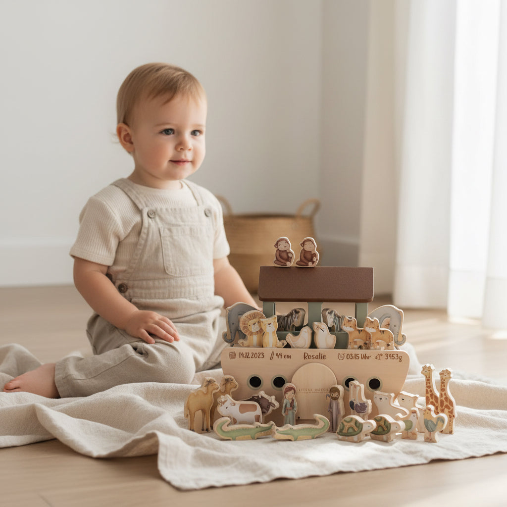 Arche Noah aus Holz mit Noah, seiner Frau und Tierpaaren