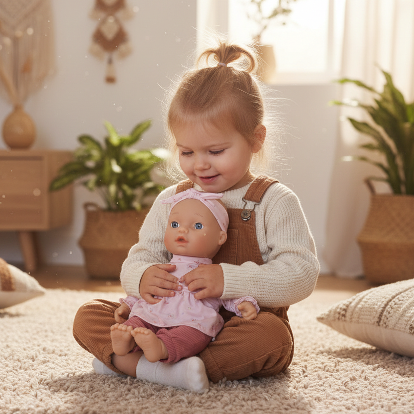 Kleinkind sitzt und hält personalisierte Puppe mit Name – liebevolles Geschenk zur Geburt für Babys und Kleinkinder