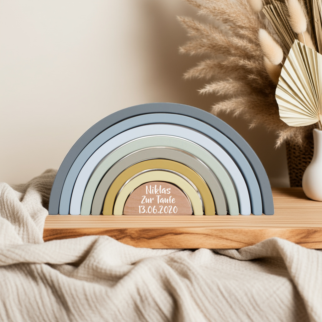 Stapel-Regenbogen Blau mit Name und Taufdatum als Geschenk zur Taufe