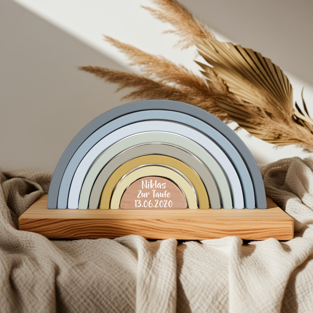 Blauer Stapel-Regenbogen aus Holz mit acht Bögen als personalisiertes Taufgeschenk