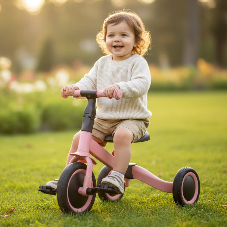 Kind fährt das Topmark KAYA 4-in-1 Dreirad in Pink im Garten, geeignet ab 18 Monaten