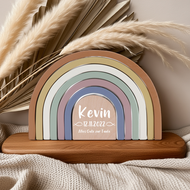 Personalisierter Little Dutch Regenbogen-Stapelturm Vintage zur Taufe