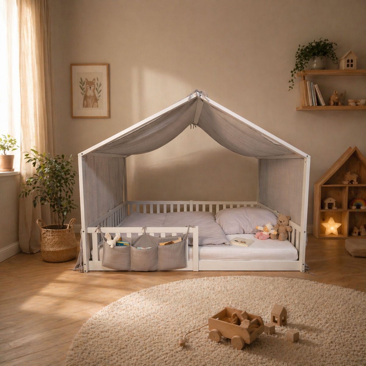 Weißes Hausbett mit grauem Dachhimmel und Organizer in einem warm eingerichteten Kinderzimmer