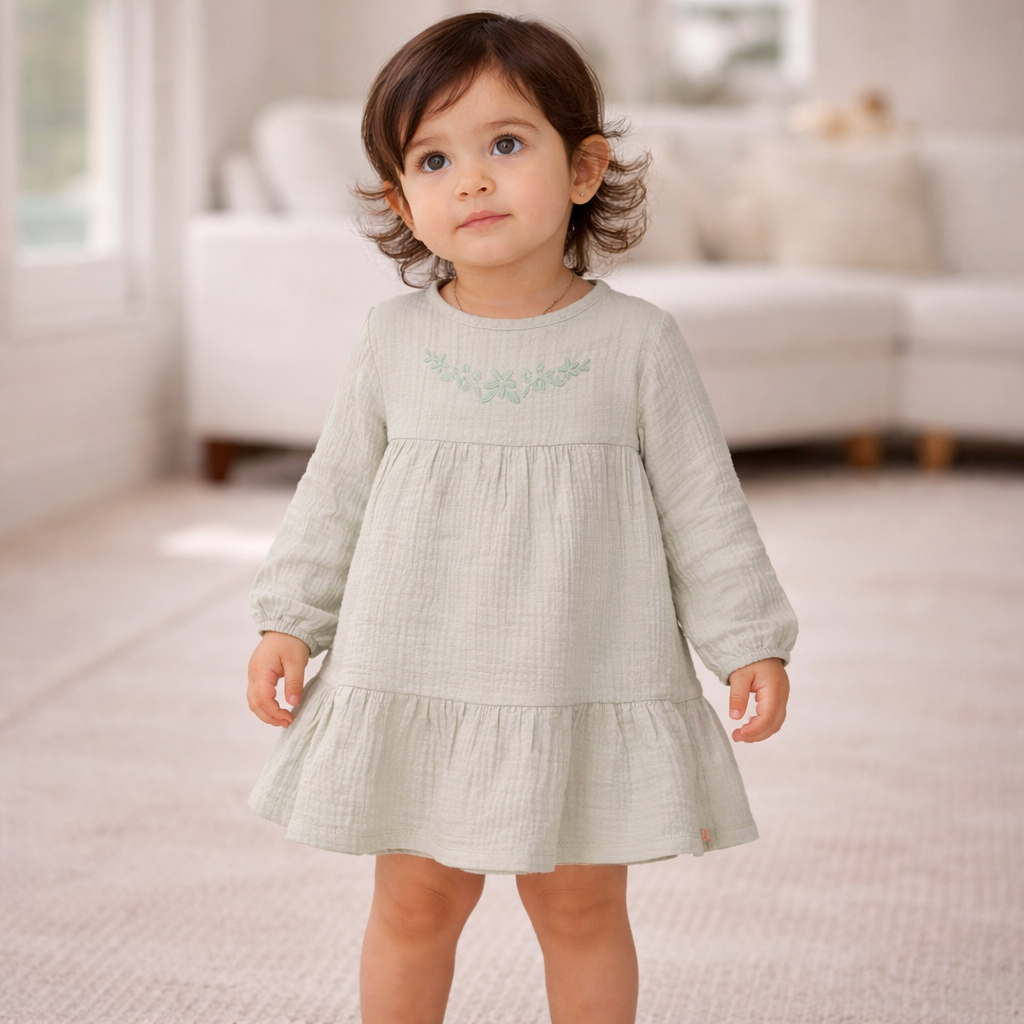 Mädchen trägt hellgrünes Little Dutch Langarmkleid mit Stickerei und Rüschen