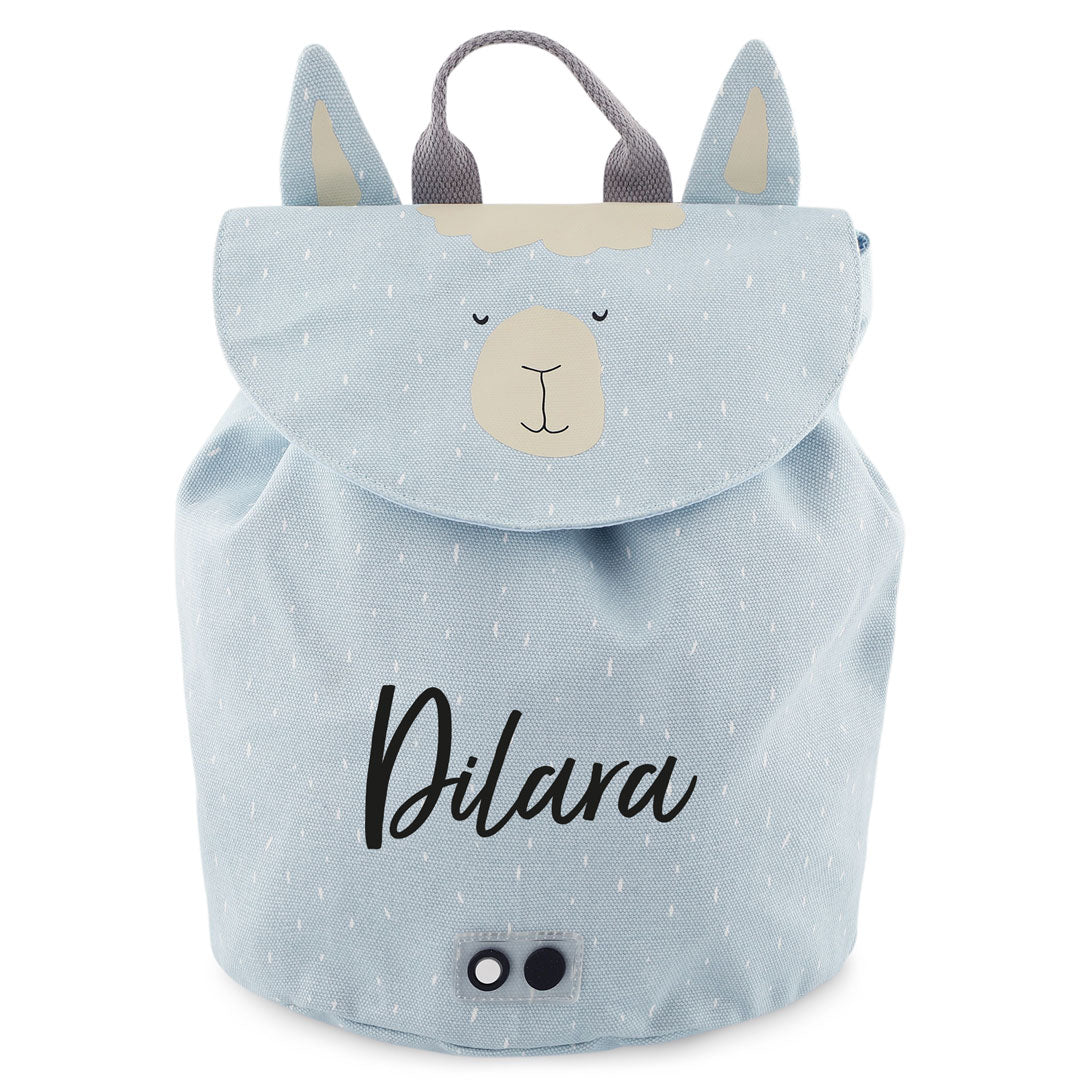 Trixie Mini-Rucksack Herr Alpaka in Blau – Kinder-Rucksack aus Baumwolle mit Kordelzug, Klettverschluss und Brustschnalle