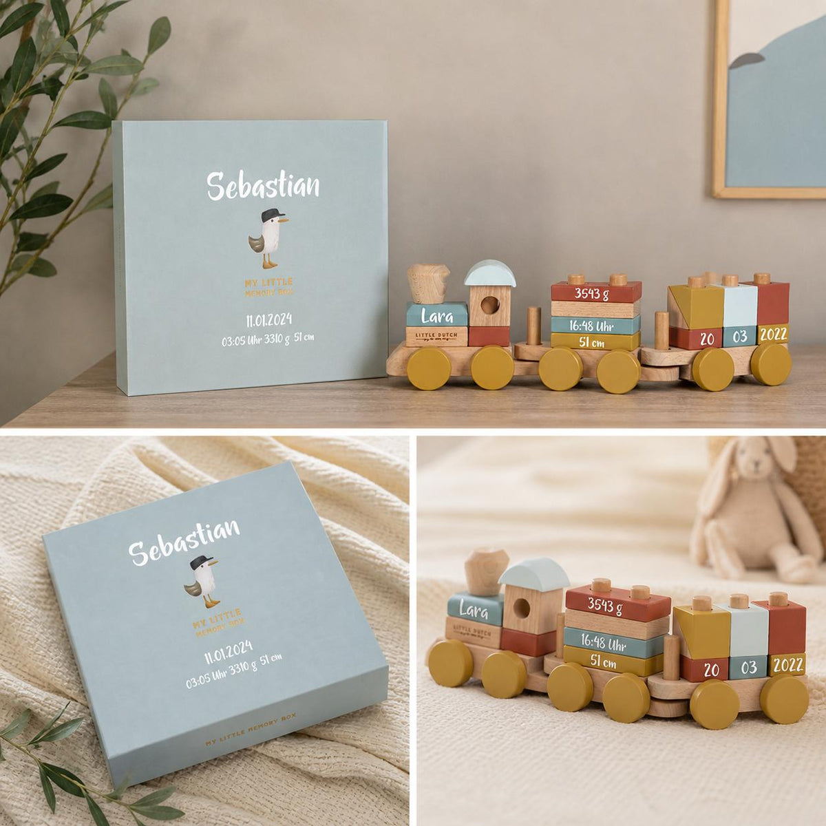 Personalisiertes Sailors-Bay-Geschenkset mit Holzzug und Erinnerungsbox – Collage