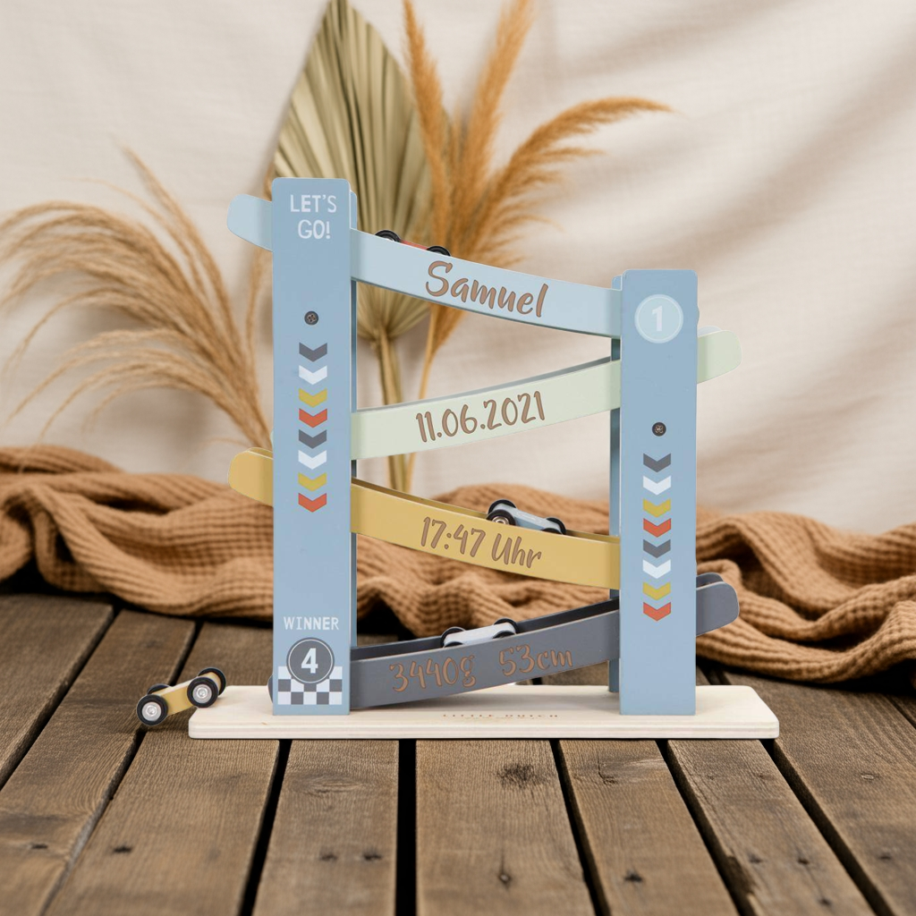 Holz-Kugelbahn in Blau als personalisiertes Geschenk zur Geburt