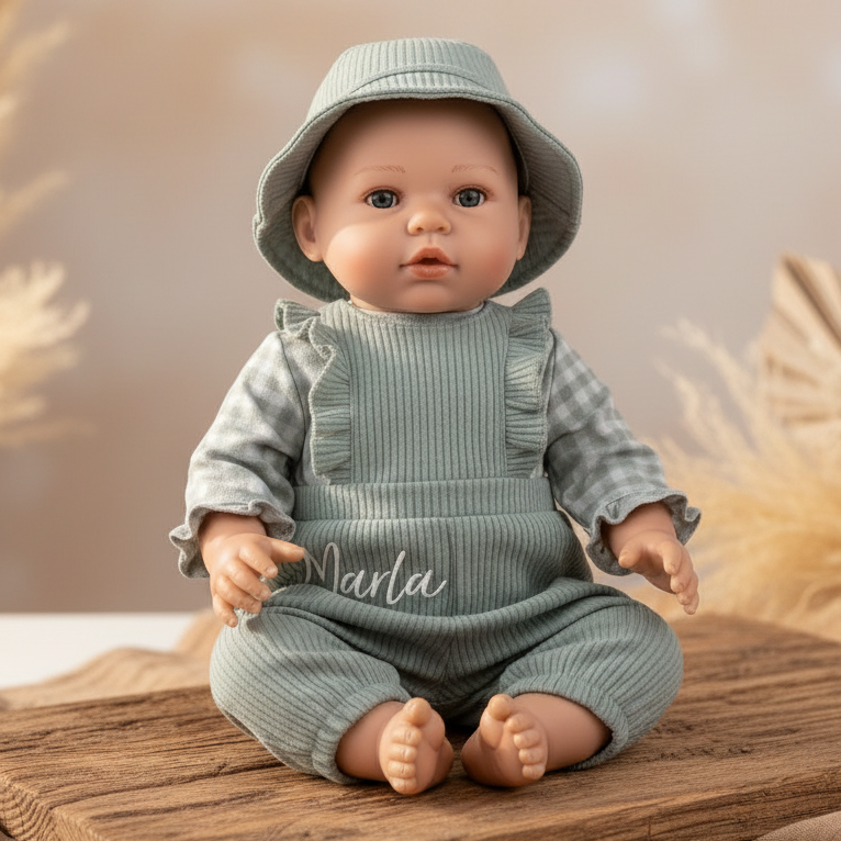 Personalisierte Puppenbekleidung mit Namen in Grün, liebevolles Geschenk für Kinder zur Geburt, Taufe oder zum Geburtstag, hochwertig und individuell gestaltet