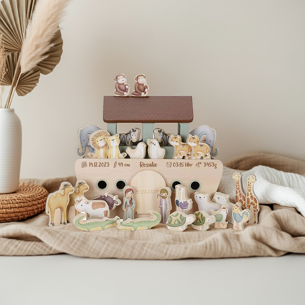 Personalisierte Arche Noah aus Holz mit Figuren und Tierpaaren