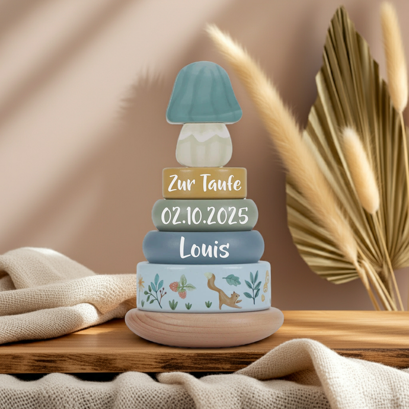 Houten stapeltoren met ringen Forest Friends "Voor de doop" | Little Dutch