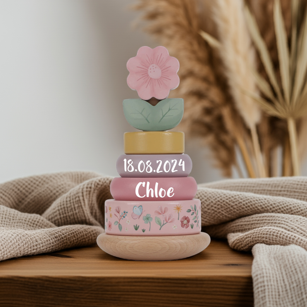 Personalized Wooden Stacking Tower for Birth – Fairy Garden