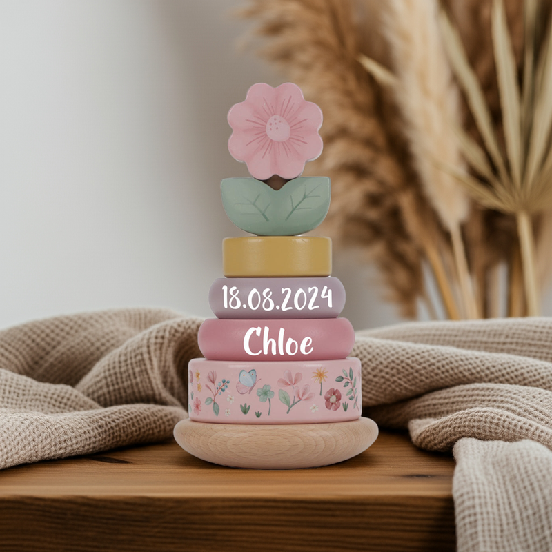Gepersonaliseerde houten stapeltoren voor de geboorte – Fairy Garden