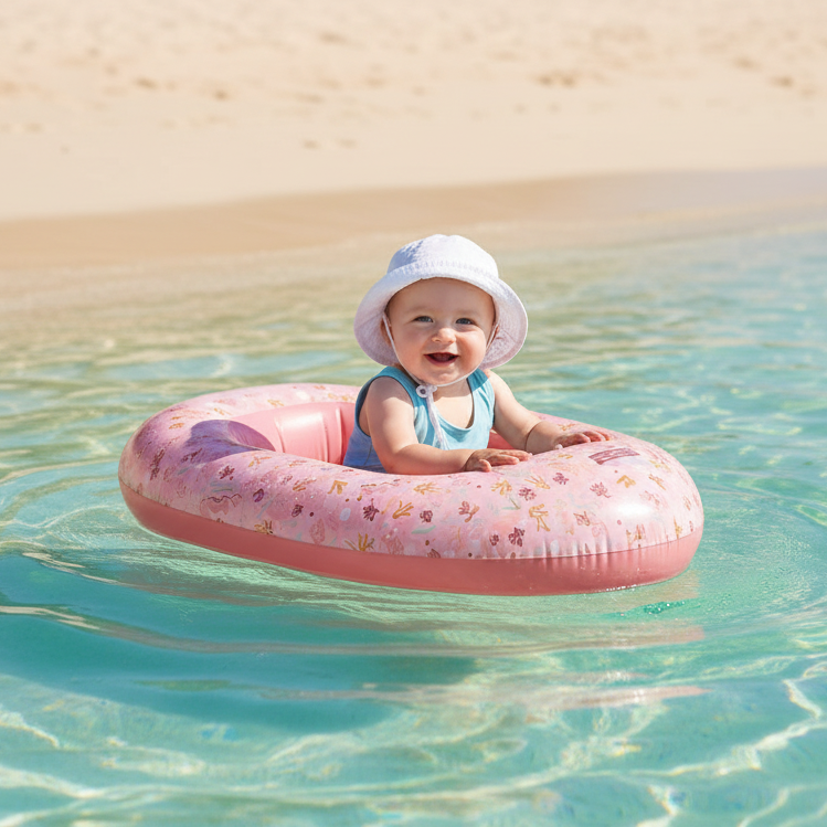 Kind im aufblasbaren rosa Little Dutch Schlauchboot im flachen Wasser