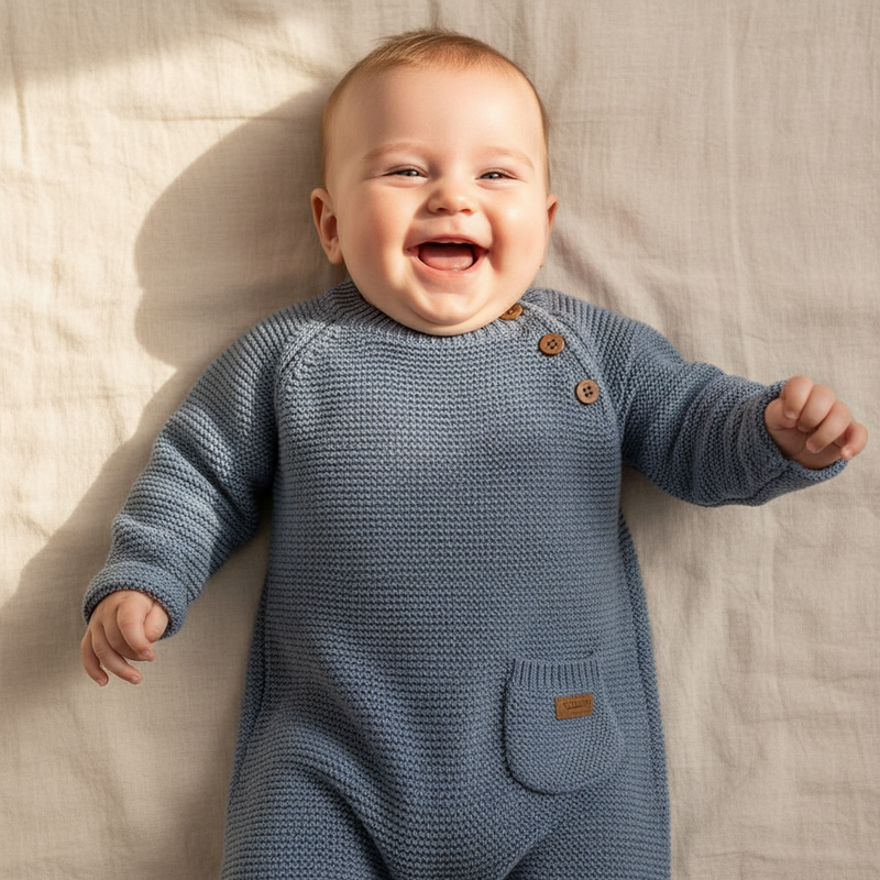 Little Dutch Strick-Strampler in Blau, Größe 80, aus 55 % Baumwolle und 45 % Acryl