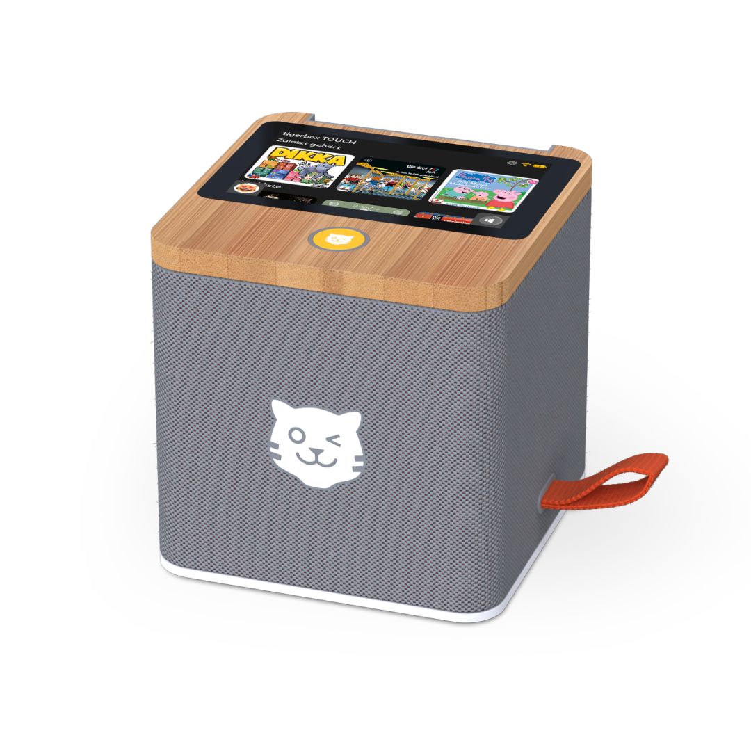 Graue tigerbox TOUCH PLUS von Tigermedia – Bluetooth-Hörbox für Kinder mit Touchdisplay und Zugriff auf die tigertones Audiothek