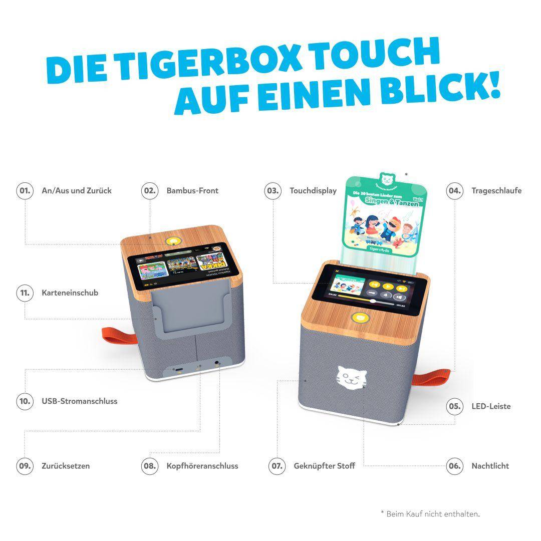 tigerbox TOUCH PLUS Grau – Detailansicht der Kinder-Hörbox mit Bluetooth, Touchscreen und kinderfreundlichem Streaming-Dienst