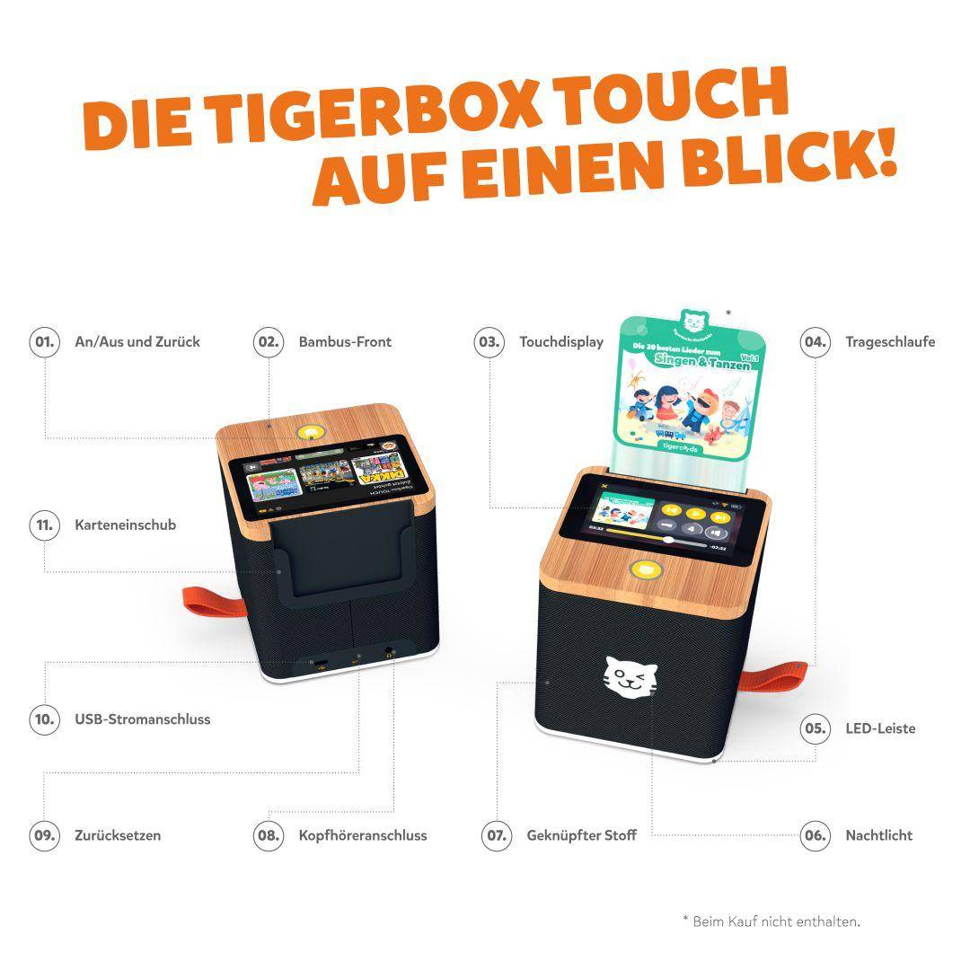 tigerbox TOUCH PLUS Schwarz – Detailansicht der Kinder-Hörbox mit Bluetooth, Touchscreen und kinderfreundlichem Streaming-Dienst