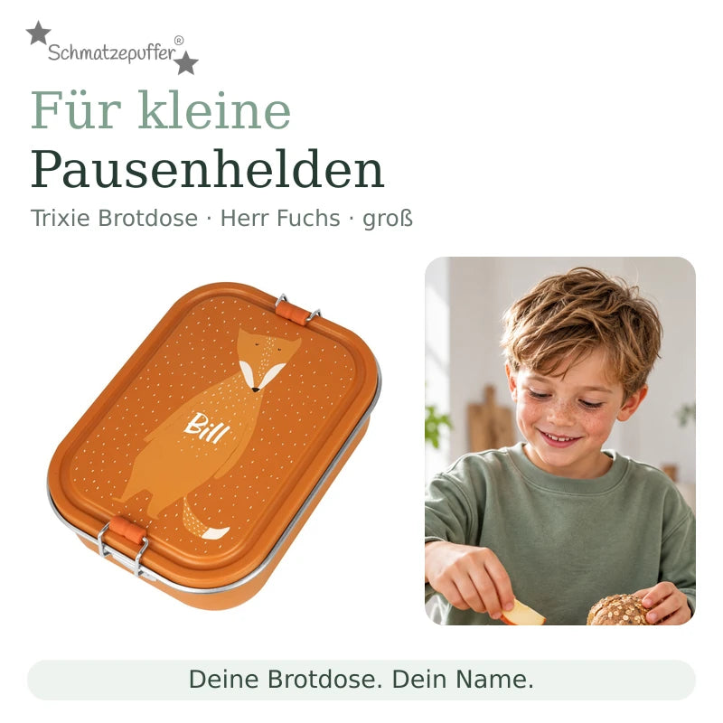 Trixie Brotdose Herr Fuchs groß mit dem Namen Bill neben einem Kind bei der Snackpause