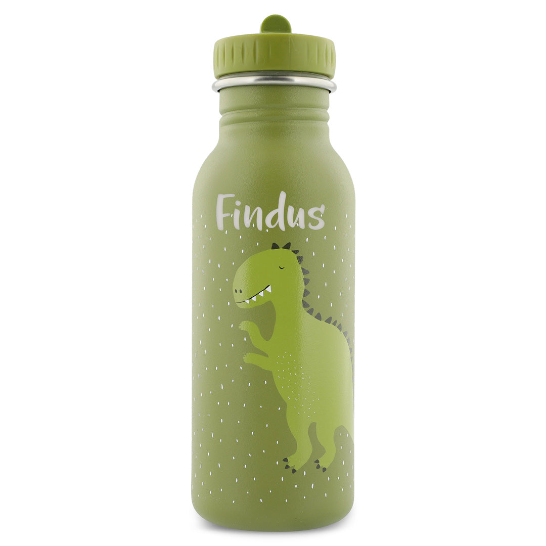 Trixie Kinder-Trinkflasche Herr Dino 500 ml personalisiert mit Namen – grüne Edelstahlflasche mit Dinomotiv und Tragekordel