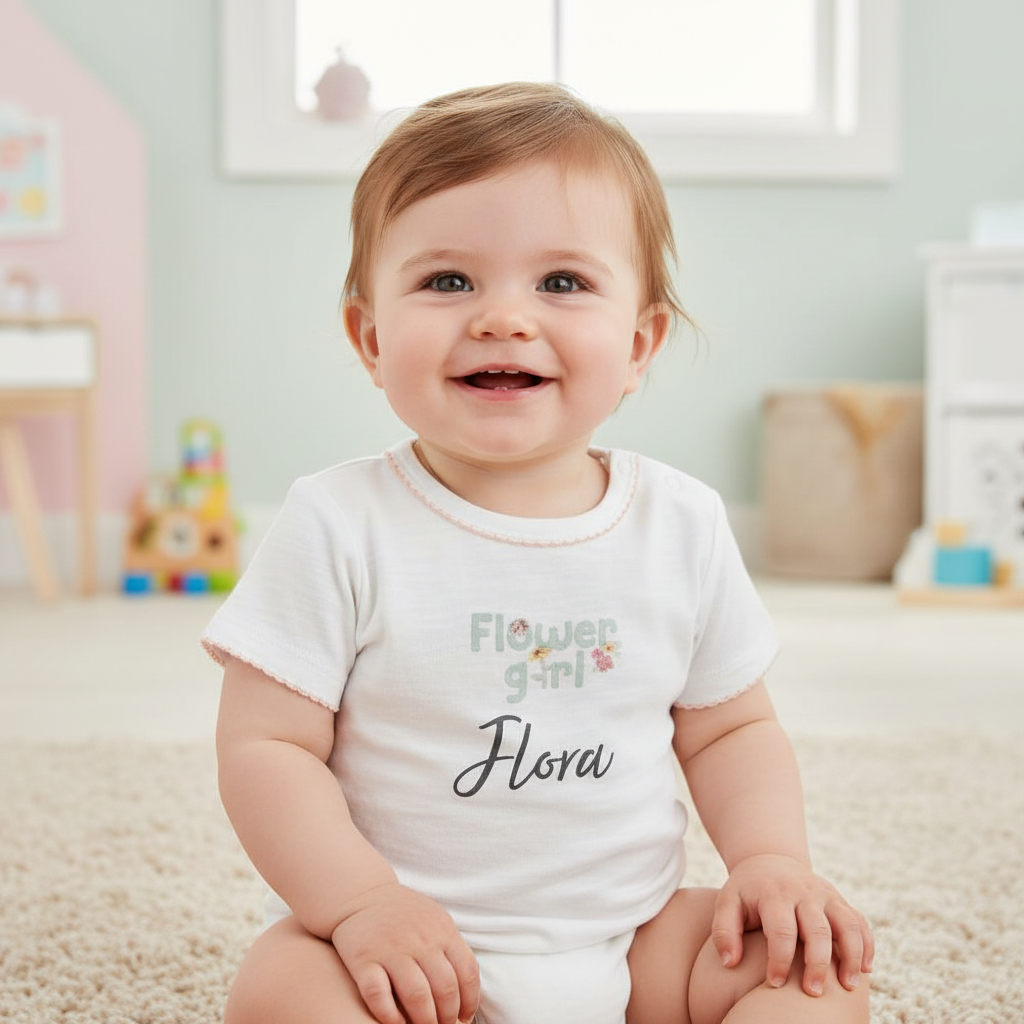 Baby trägt personalisierten Baby Body mit Namen im Kinderzimmer