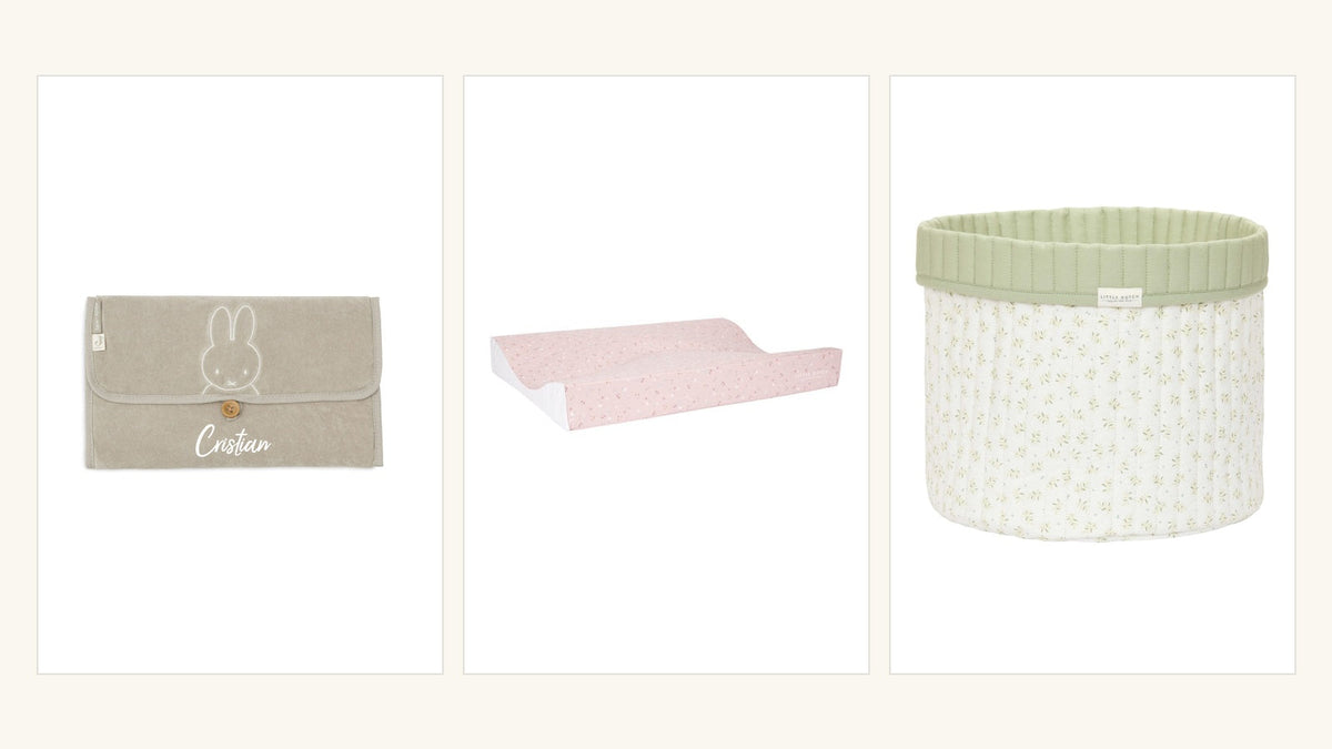 Original-Shopfotos der Jollein Miffy Wickelunterlage, Little Dutch Wickelauflage Little Pink Flowers und des Aufbewahrungskorbs Blueberry Leaves in getrennten Kacheln