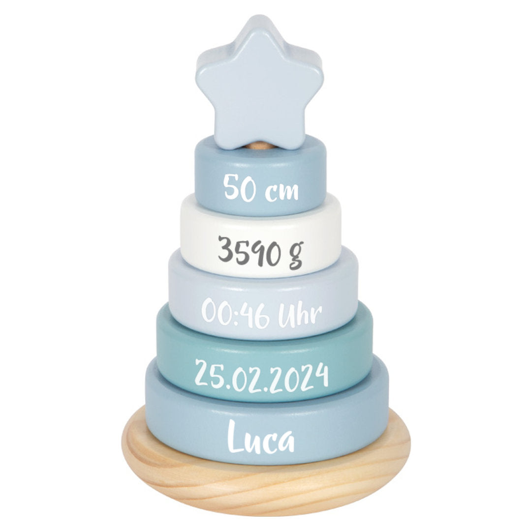 Personalisierter blauer small foot Stapelturm 12712 zur Geburt mit Name und Geburtsdaten